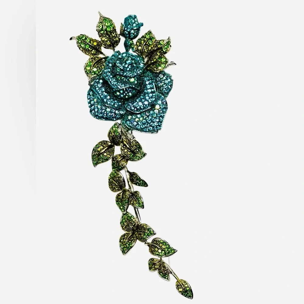 CRYSTAL BROACH Movable Elegant Green and Blue Floral ROSES Brooch gorgeous 9” 3”